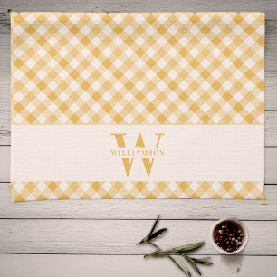 Family Monogram Sunny Yellow Plaid Chic Farmhouse Kitchen Towel
