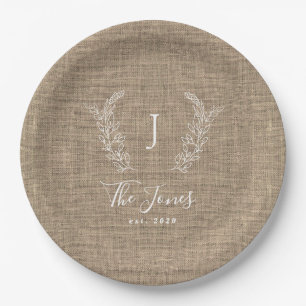 Family monogramed name personalized burlap rustic paper plate