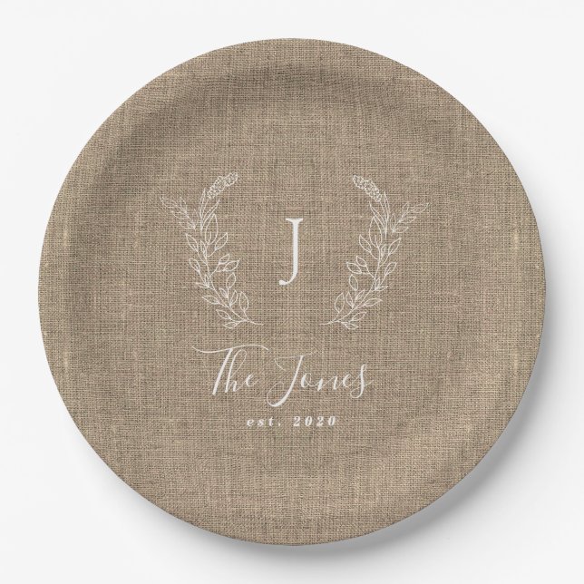Family monogramed name personalized burlap rustic paper plate (Front)