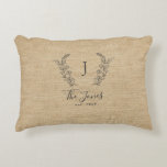 Family monogrammed name rustic farmhouse burlap accent pillow<br><div class="desc">Custom monogram and name with family established year elegant chic country farmhouse style accent decorative pillow.         A modern keepsake gift for weddings,  anniversaries,  housewarmings,  Christmas,  or any other occasion.</div>