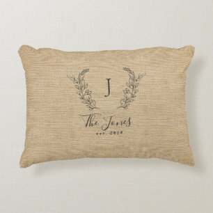 Family monogrammed name rustic farmhouse burlap accent pillow