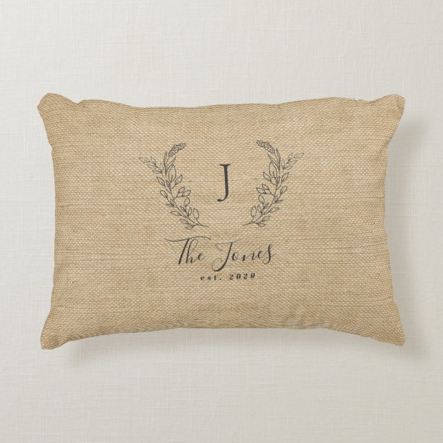 Family monogrammed name rustic farmhouse burlap accent pillow (Front)
