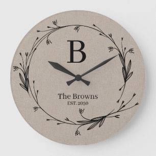 Family Monogrammed Rustic Wildflower Elegant Large Clock