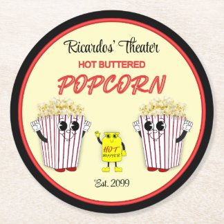 Family Movie Theatre with Hot Buttered Popcorn Round Paper Coaster