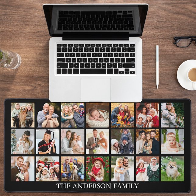 Family Multi Photo Collage - Choose Your Colour Desk Mat (Customize to change text size, text style or background color.)