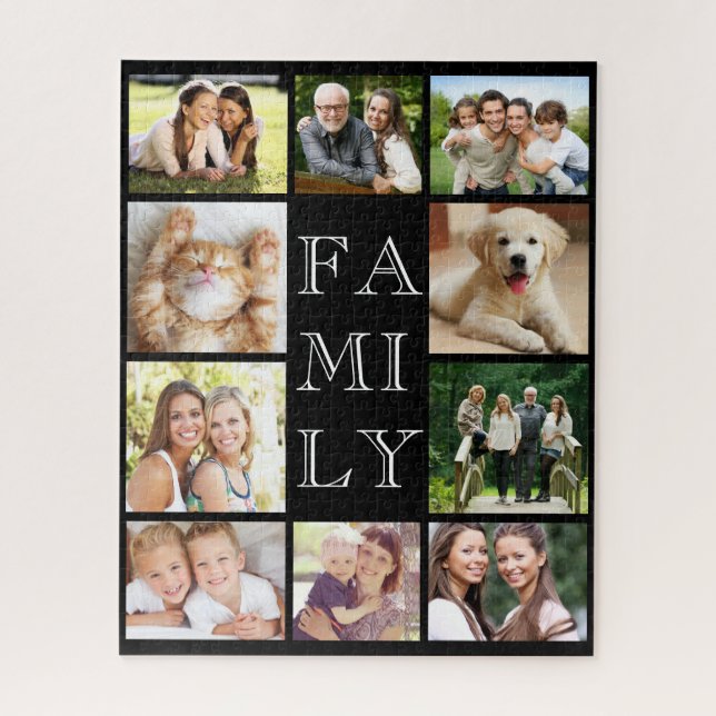 Family Multi-Photo Collage Personalized Black Jigsaw Puzzle (Vertical)
