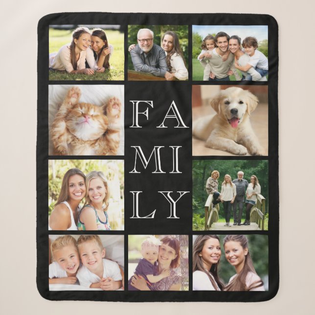 Family Multi-Photo Collage Personalized Black Sherpa Blanket (Front)