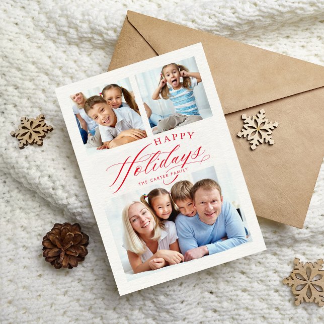 FAMILY MULTI PHOTO Happy Holidays calligraphy red  Announcement (Creator Uploaded)