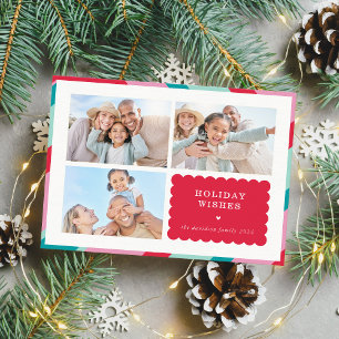 FAMILY MULTI PHOTO modern cute border red pink Holiday Card