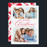 FAMILY MULTI PHOTO traditional merry christmas red Holiday Card<br><div class="desc">by kat massard >>> WWW.SIMPLYSWEETPAPERIE.COM <<<
A super fun card design featuring the quote "MERRY CHRISTMAS" with combined elegant script type with serif typography,  and cross hatch pattern on the backside. With spaces for 3 of your favourite photos!</div>