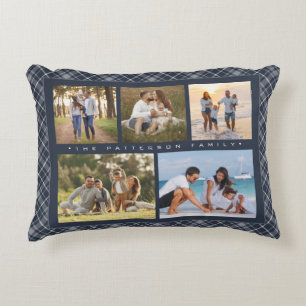 Family Name 5 Photo Collage Blue Plaid Modern Accent Pillow