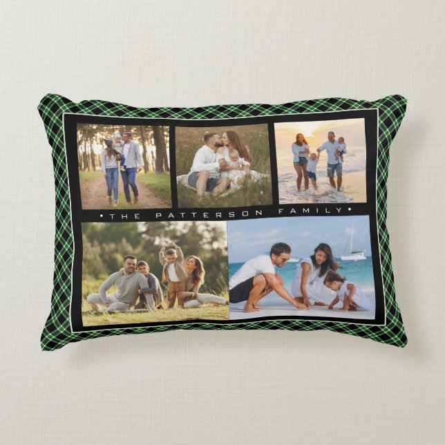 Family Name 5 Photo Collage Green Plaid Modern Accent Pillow (Front)
