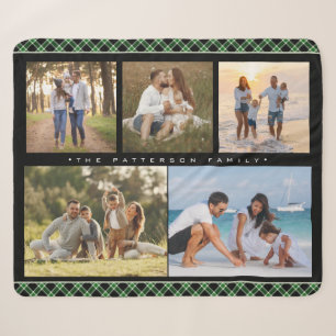 Family Name 5 Photo Collage Green Plaid Modern Sherpa Blanket