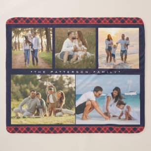 Family Name 5 Photo Collage Red Plaid Modern