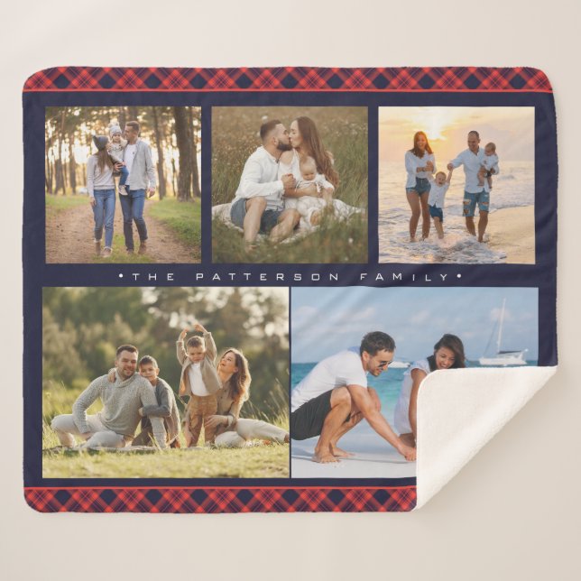 Family Name 5 Photo Collage Red Plaid Modern (Devant (Horizontal))