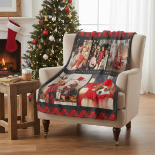 Family Name 5 Photo Collage Red Plaid Modern Fleece Blanket