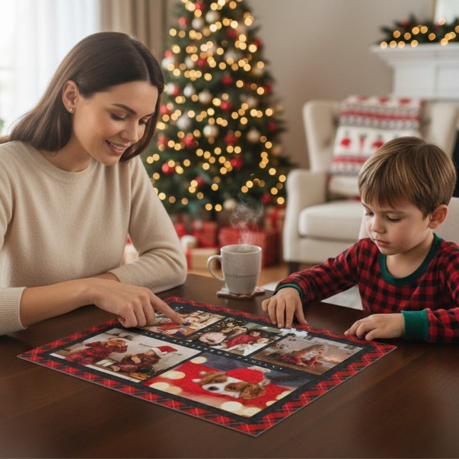 Family Name 5 Photo Collage Red Plaid Modern Jigsaw Puzzle (Creator Uploaded)