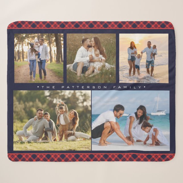 Family Name 5 Photo Collage Red Plaid Modern Sherpa Blanket (Front (Horizontal))