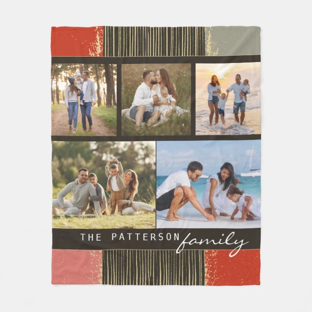 Family Name 5 Photo Collage Rustic Abstract Fleece Blanket (Front)