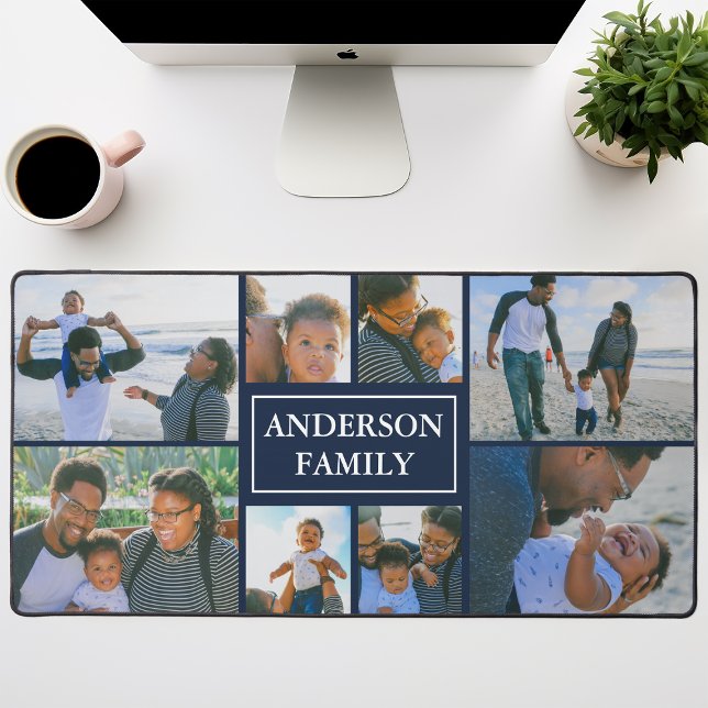 Family Name 8 Photo Collage Navy Blue Desk Mat (Creator Uploaded)