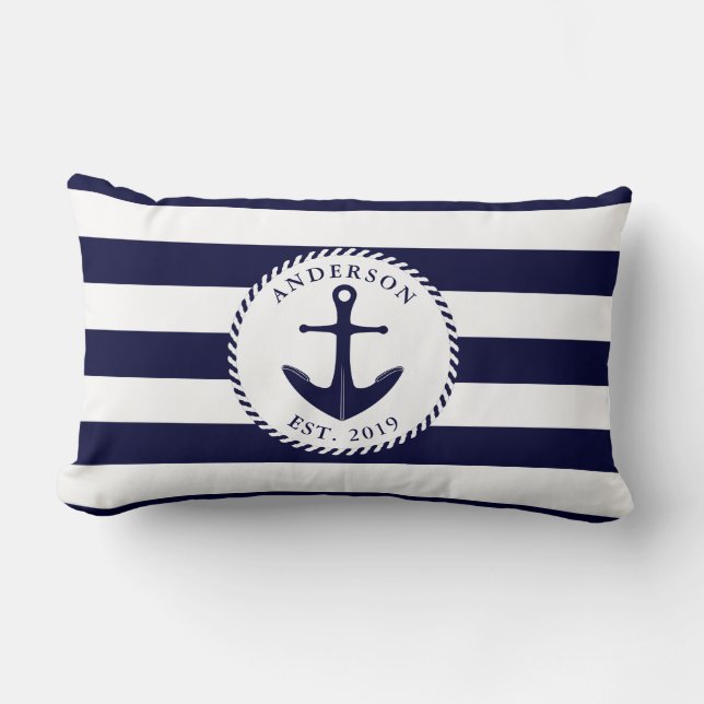 Family Name Anchor Nautical Navy Blue and White Lumbar Pillow (Front)