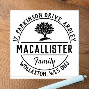 Family Name and Address with Tree Motif Rubber Sta Stamp