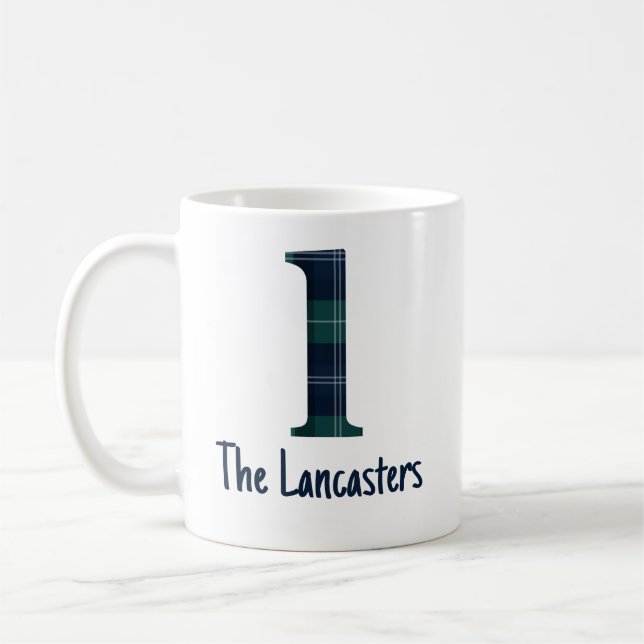 Family Name and Plaid Lowercase Letter l Initial Coffee Mug (Left)