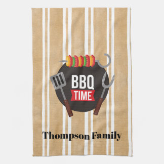 Family name BBQ time Modern illustration stripes Kitchen Towel