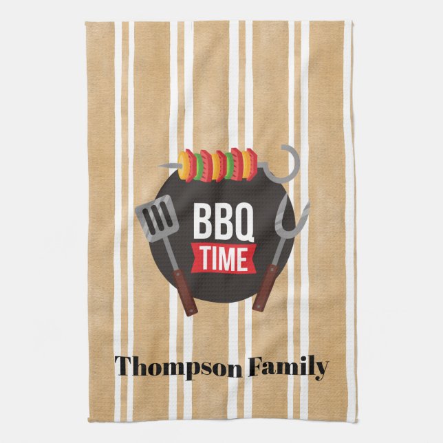 Family name BBQ time Modern illustration stripes Kitchen Towel (Vertical)