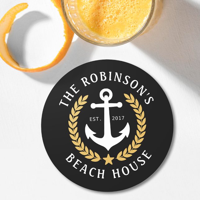 Family Name Beach House Anchor Gold Laurel Black Round Paper Coaster (Creator Uploaded)