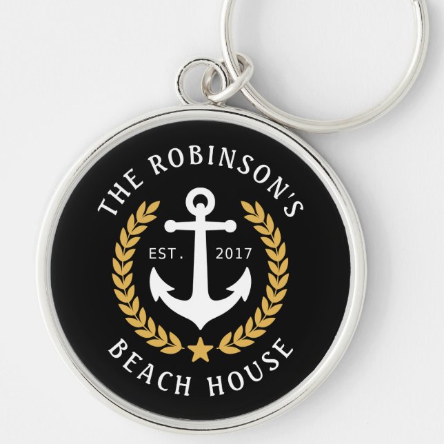 Family Name Beach House Anchor Gold Laurel Metal Keychain (Front)