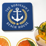 Family Name Beach House Anchor Gold Laurel Navy Coaster<br><div class="desc">A stylish nautical themed set of cork back beverage coasters with your personalized family name and beach house, lake house, or other desired text and established date. Features a custom designed boat anchor with gold style laurel leaves and a star on classic navy blue or easily customize the base colour...</div>