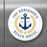 Family Name Beach House Anchor Gold Laurel Star Magnet<br><div class="desc">A stylish nautical themed round refrigerator magnet with your personalized family name and beach house, lake house, or other desired text and established date. Features a custom designed boat anchor with gold style laurel leaves and a star on white or easily customize the base colour to match your current decor...</div>