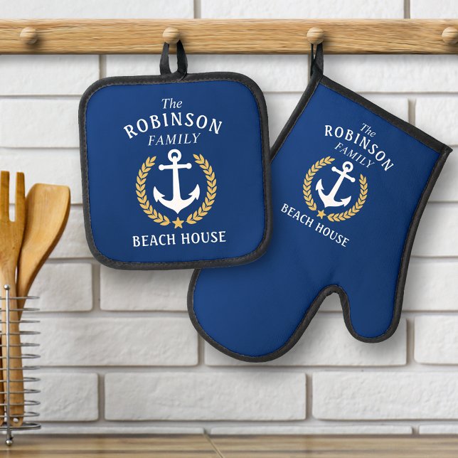 Family Name Beach House Anchor Gold Laurel Star Oven Mitt & Pot Holder Set (Creator Uploaded)