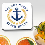 Family Name Beach House Anchor Gold Laurel White Coaster<br><div class="desc">A nautical themed set of cork back beverage coasters with your personalized family name and beach house, lake house, or other desired text and established date. Features a custom designed boat anchor with gold style laurel leaves and a star on white or easily customize the base color to match your...</div>