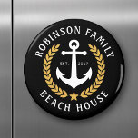 Family Name Beach House Anchor Gold style Laurel Magnet<br><div class="desc">A stylish nautical themed, round refrigerator magnet with your personalized family name and beach house, lake house, or other desired text and established date. Features a custom designed boat anchor with gold style laurel leaves and a star on black or easily customize the base colour to match your current decor...</div>