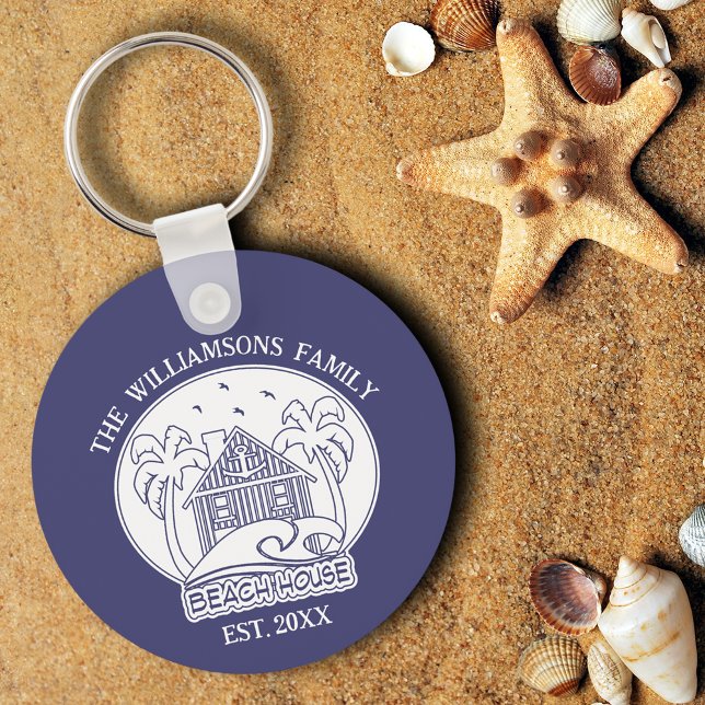 Family Name Beach House Anchor Nautical Blue White Keychain (Creator Uploaded)