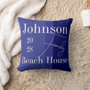 Family Name Beach House Blue Stripe Throw Pillow
