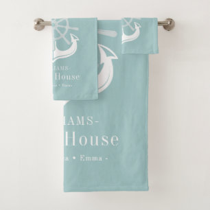 Family Name Beach House Nautical Anchor Bath Towel Set
