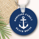 Family Name Beach House Nautical Boat Anchor Navy Keychain<br><div class="desc">A stylish Keychain with your personalized family name and beach house,  lake house,  or other desired text. Features a custom designed nautical boat anchor in white on classic navy blue or easily customize the base colour to match your current decor or theme.</div>