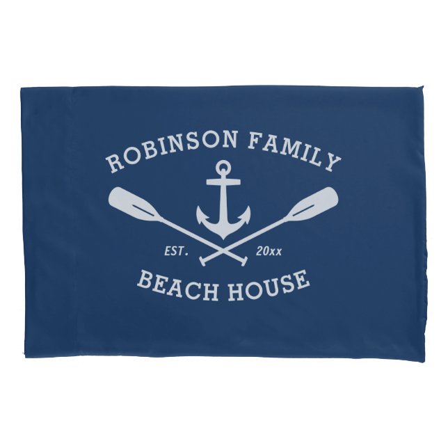 Family Name Beach House Nautical Boat Anchor Oars Pillowcase (Front)