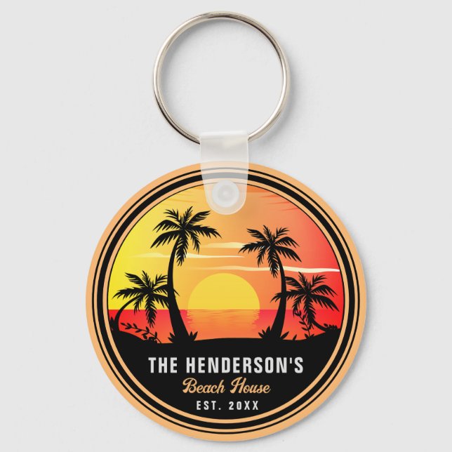 Family Name Beach House Retro Sunset Souvenir 80s Keychain (Front)
