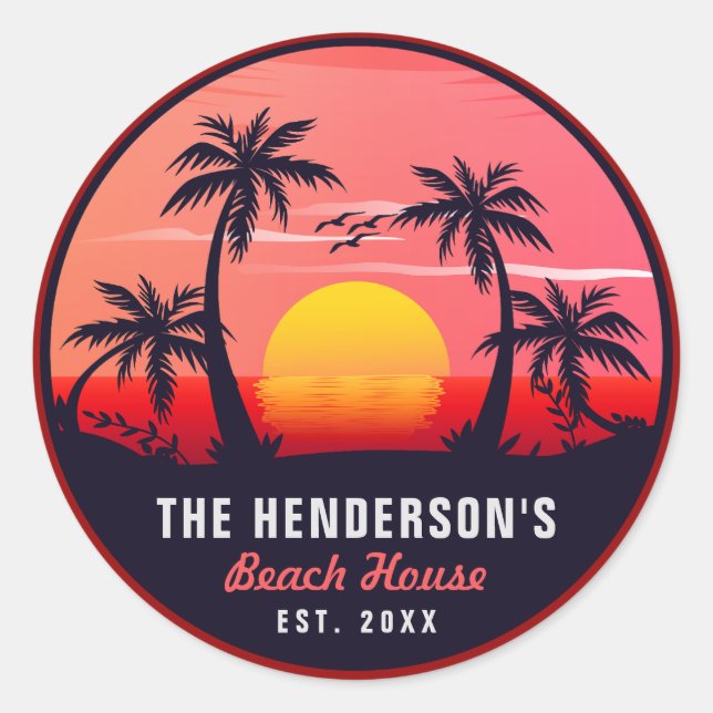 Family Name Beach House Retro Sunset Souvenirs 60s Classic Round Sticker (Front)