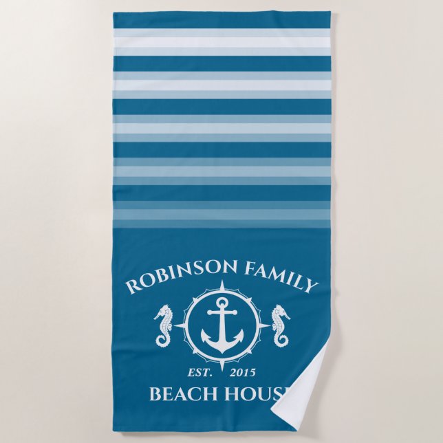Family Name Beach House Seahorse Anchor Aqua Blue Beach Towel (Front)