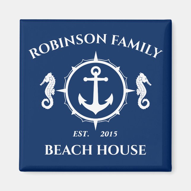 Family Name Beach House Seahorse Anchor Navy Blue Magnet (Front)