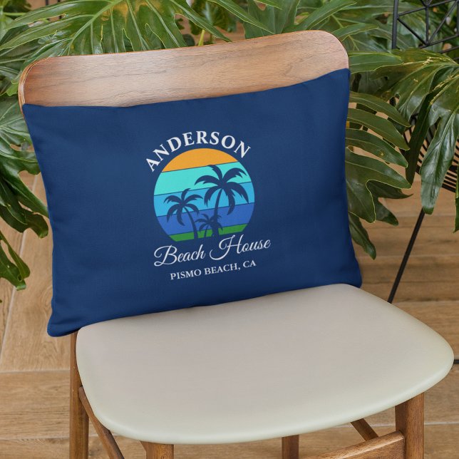 Family Name Beach House Sun Palm Trees Blue Accent Pillow (Customize to change text size, style or background color.)