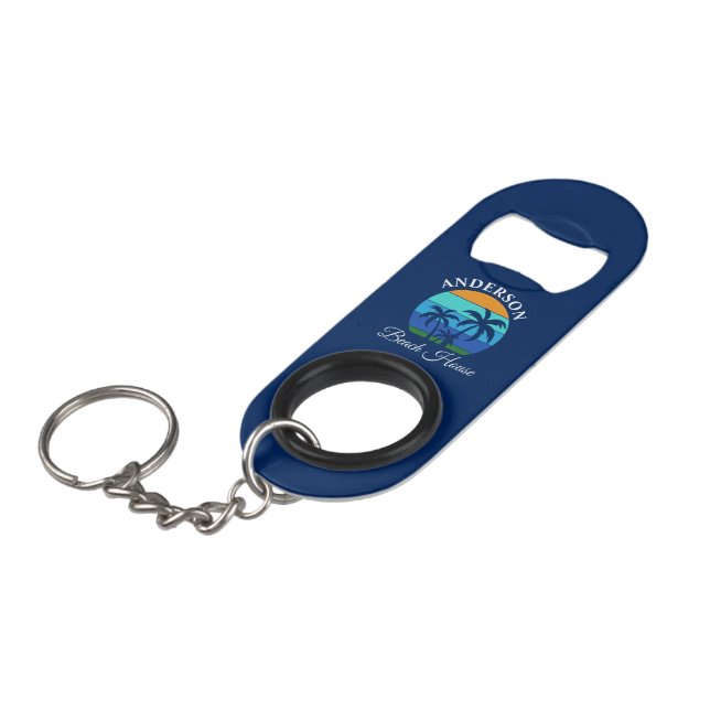 Family Name Beach House Sun Palm Trees Blue Keychain Bottle Opener (Front Angled)