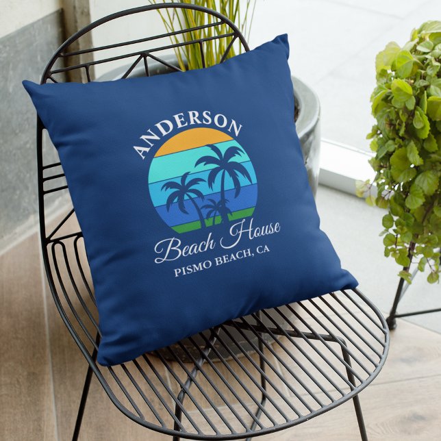 Family Name Beach House Sun Palm Trees Blue Outdoor Pillow (Customize to change text size, style or background color.)