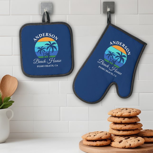 Family Name Beach House Sun Palm Trees Blue Oven Mitt & Pot Holder Set (A great addition to your kitchen.)