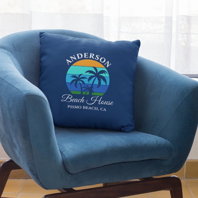 Family Name Beach House Sun Palm Trees Blue Throw Pillow (Customize to change text size, style or background color.)